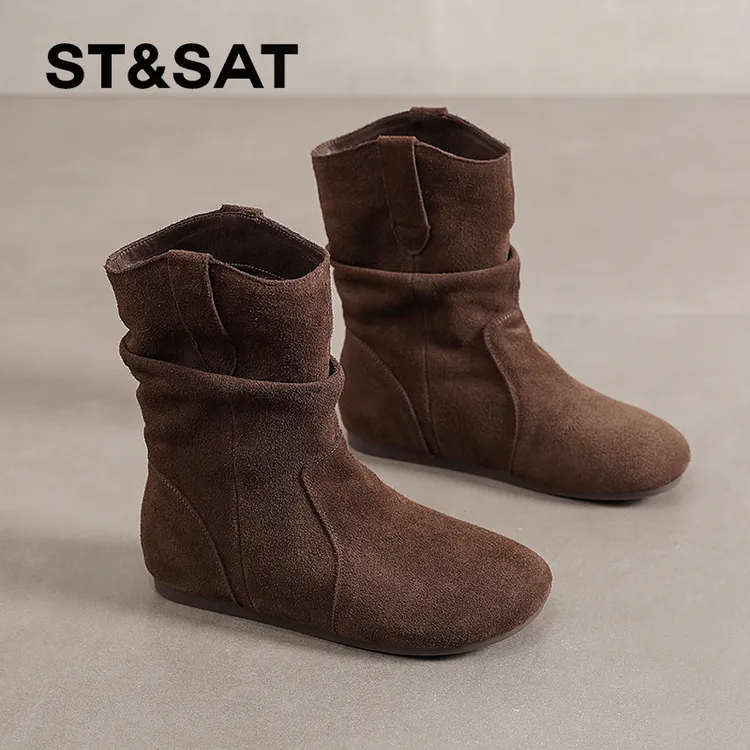 星期六复古勃肯短靴女2025新款春秋真皮慵懒风美拉德堆堆靴松果靴