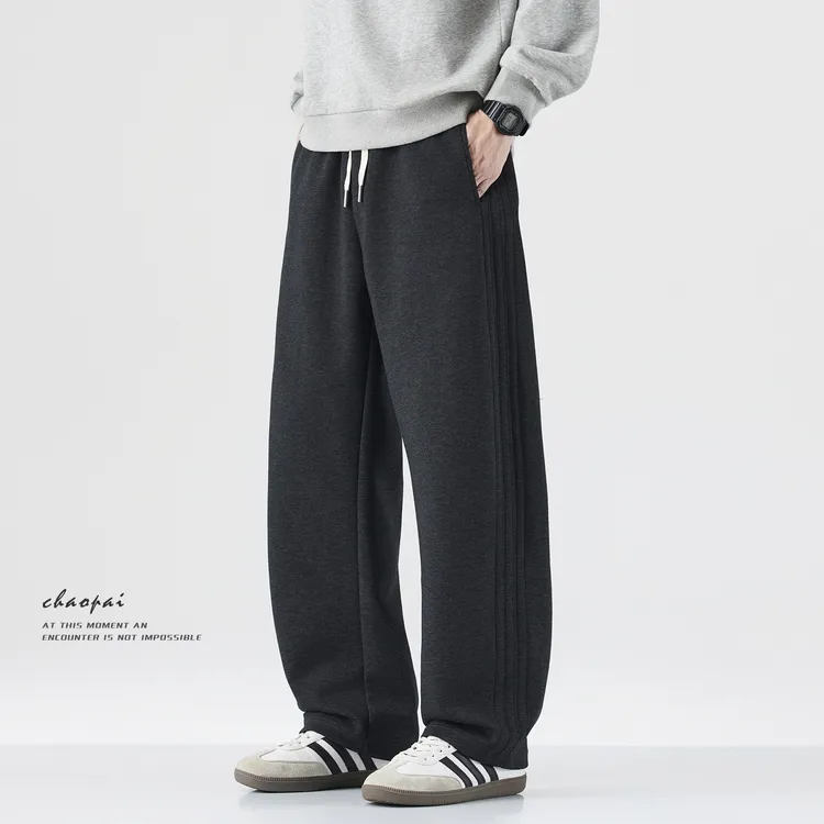 秋冬新款加绒加厚针织卫裤男日系潮流宽松大码显瘦百搭休闲弯刀裤