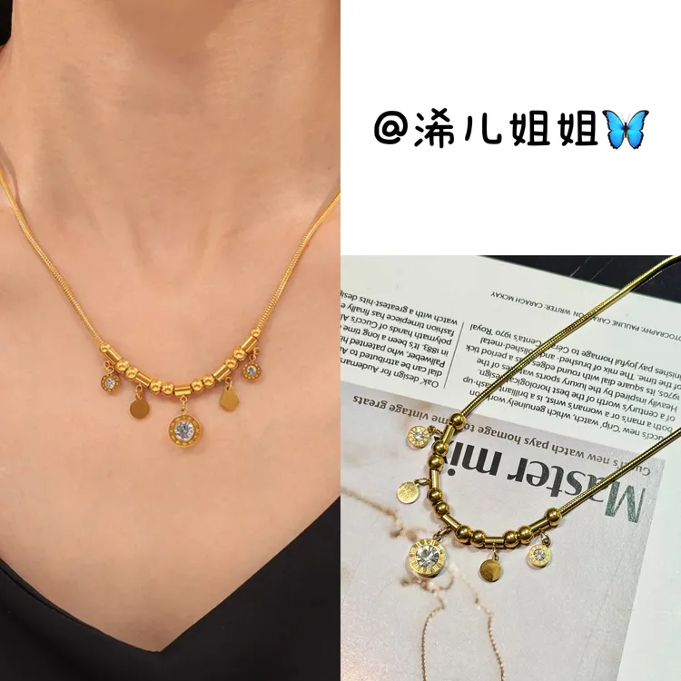 钛钢锆石吊坠 【浠儿家】欧美时尚气质女式轻奢锆石链项链圆牌吊韩