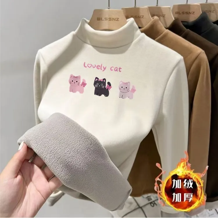 儿童加绒加厚一体绒卫衣2025新款中大童半高领印花上衣保暖打底衫