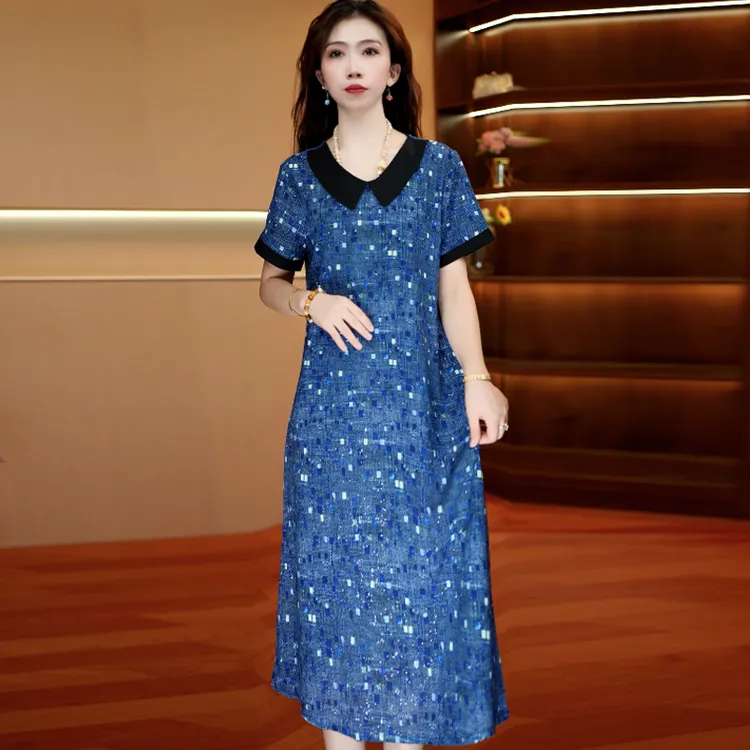蓝晶逸彩娃娃领 气质中长款秋季时连衣裙百搭遮肉裙子 