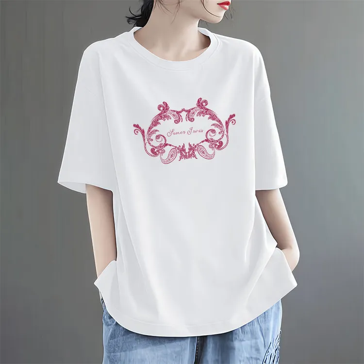 小众设计感花纹涂鸦印花大码女装夏季纯棉休闲T恤圆领短袖上衣ins