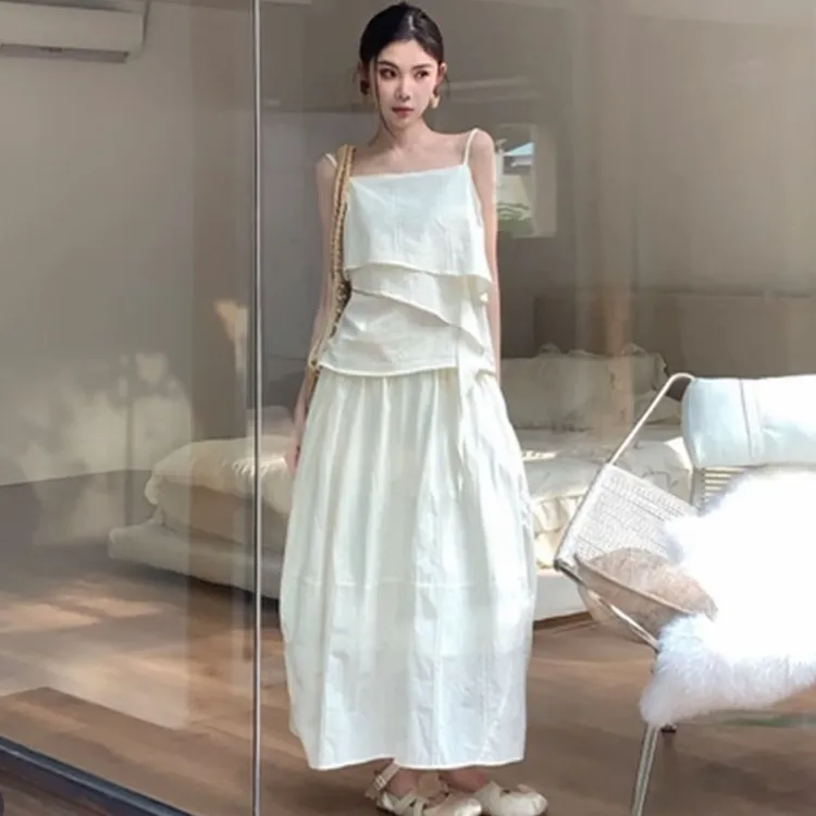法式不规则白色半身长裙子女夏季2025新款吊带上衣绝美漂亮套装裙