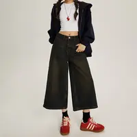 Roxy新款美式复古怀旧宽松阔腿裤百搭直筒七分裤牛仔裤女新款