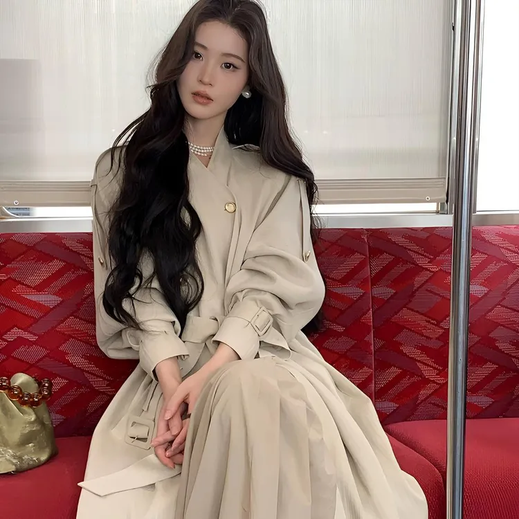 ICELOLLY巨好看风衣女2025新款中长款外套高个子亚麻大衣早秋穿搭