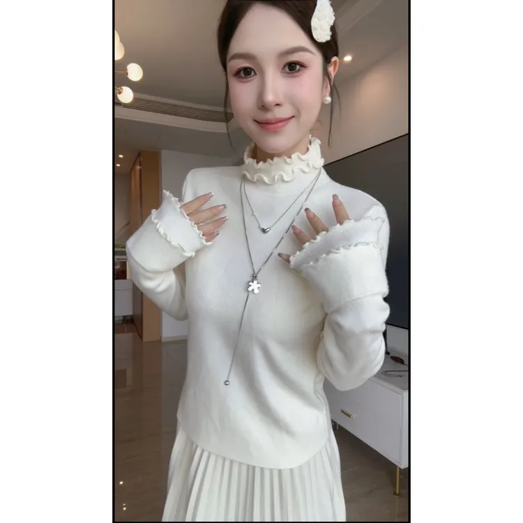 【冰冰定制】木耳边半高领内搭毛衣女秋冬百搭修身长袖打底针织衫上衣女潮