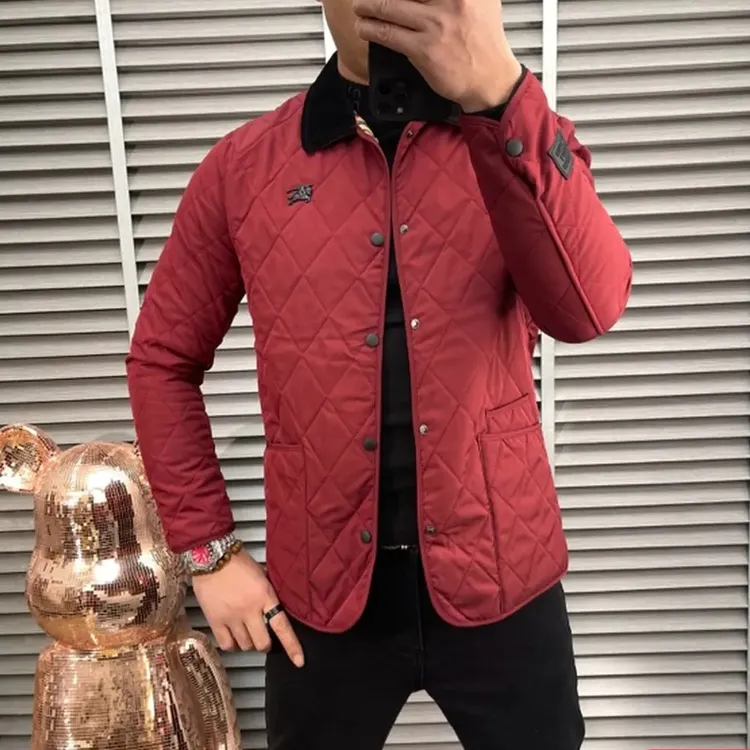 2025秋冬新款男士红色加棉菱格夹克薄棉保暖翻领纯色修身休闲夹克