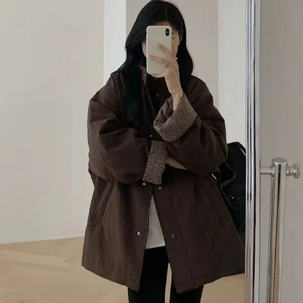 连帽小个子复古百搭棉袄斤棉衣加绒显瘦加厚女款感撞美式工装棉服