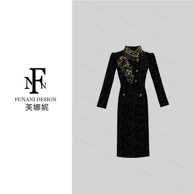 【芙娜妮】2025秋冬爆款毛呢中长款设计感显瘦长袖连衣裙F2531009A