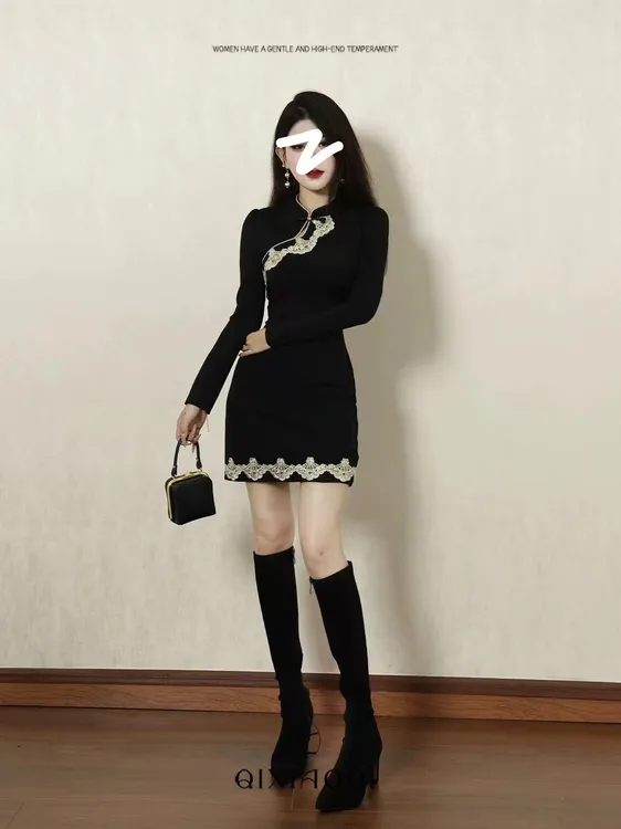 2025新款时尚洋气新中式包臀裙设计感胖mm显瘦黑色时尚旗袍裙1115