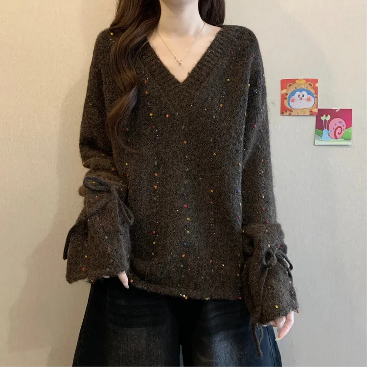 美德拉彩点V领毛衣针织衫女秋冬胖MM大码遮肚子显瘦复古减龄上衣