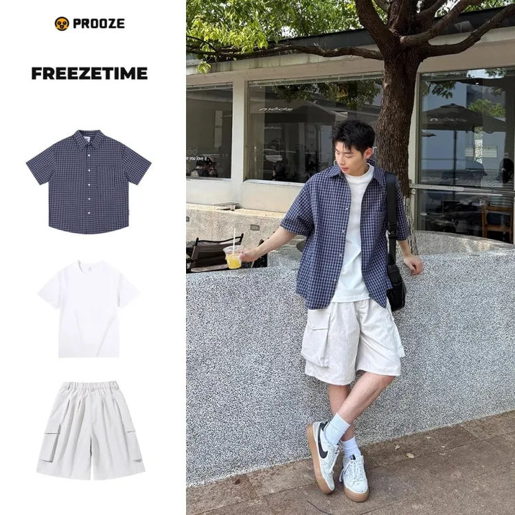 藏青泡泡格子短袖衬衫男生2025新款夏季日系百搭宽松休闲衬衣套装