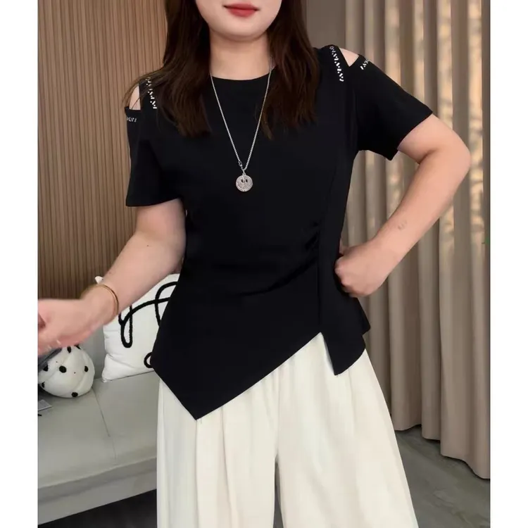 大码不规则镂空露肩短袖t恤女夏季胖mm显瘦别致掐腰小上衣12230