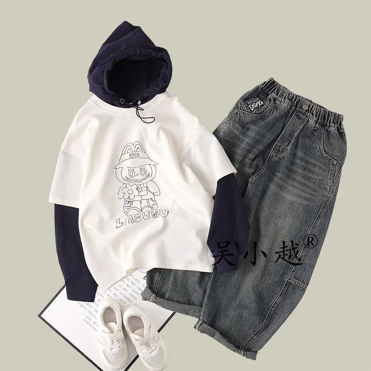 吴小越w1470男童秋装连帽极简春季卫衣棉t恤长袖中大童打底衫韩版