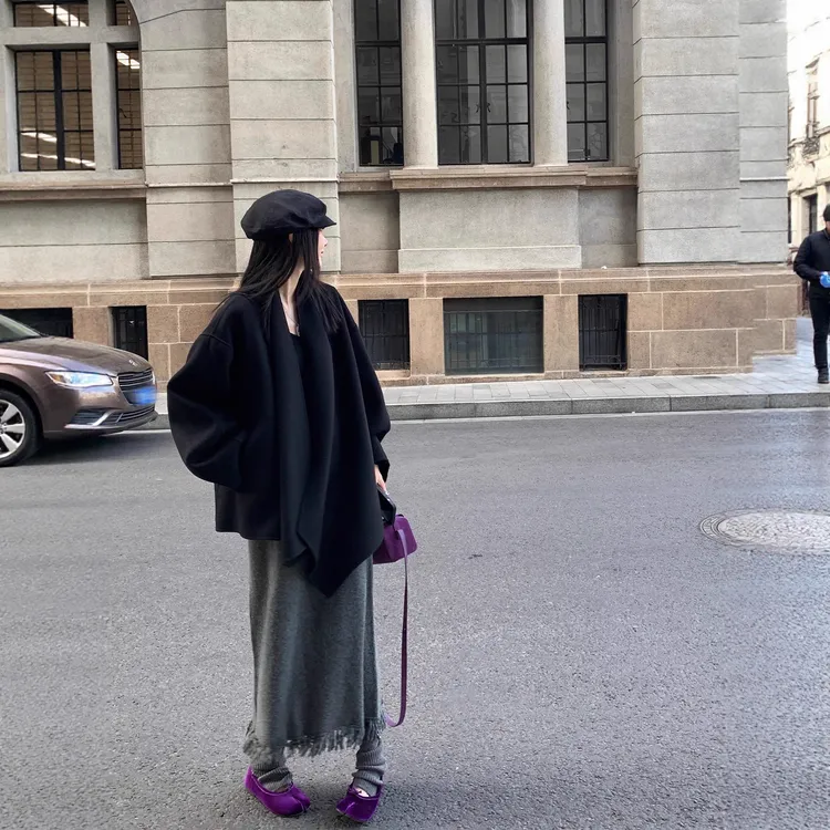 高支黑色双面羊绒大衣女秋冬新款高级感小个子短款双面羊毛呢外套