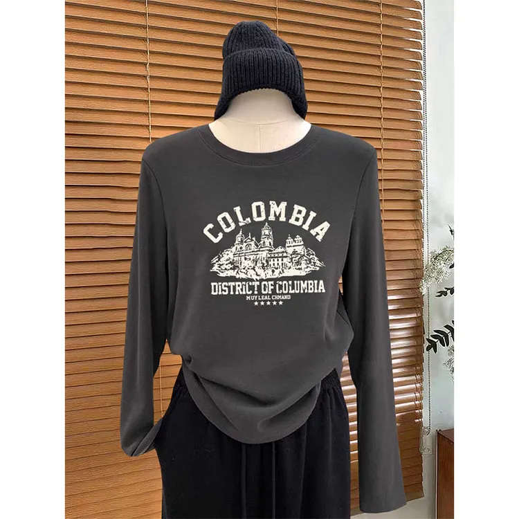 女生韩系ins衣服早秋正肩圆领长袖t恤洋气炭灰色百搭内搭打底衫上