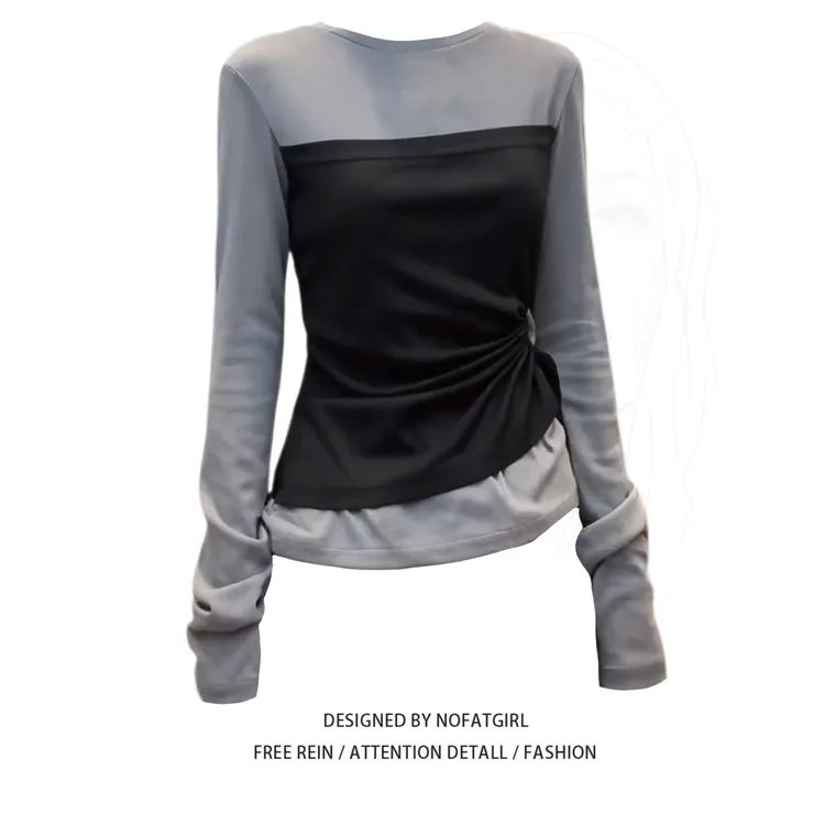 大码胖MM设计感假两件撞色长袖T恤女秋季新款收腰显瘦不对称上衣