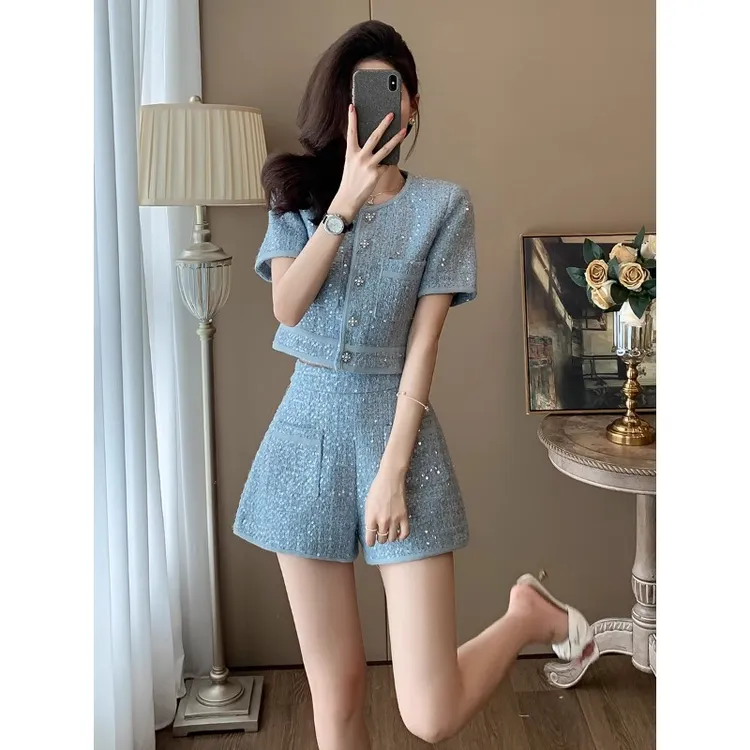 夏装名媛气质短袖小香风套装女小个子减龄洋气短裤两件套高级感