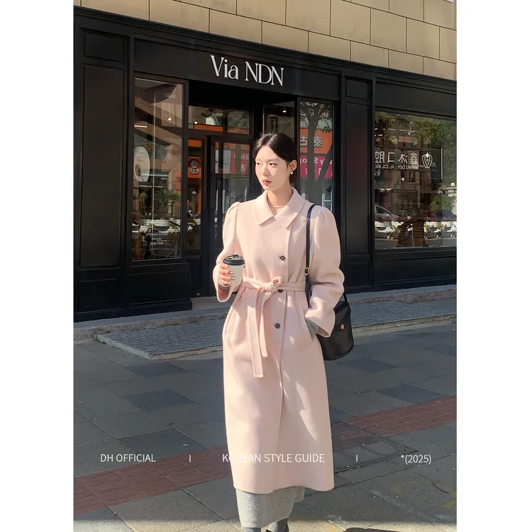 DH 大花【粉月光】“100绵羊毛”冬日保暖法式高级樱花粉长款毛呢大衣