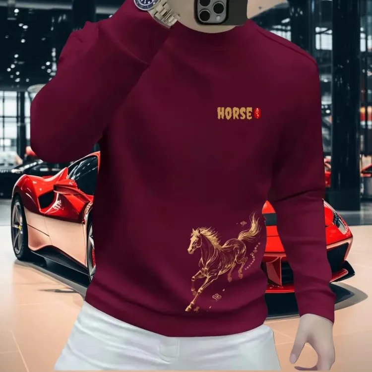 2026马年新款骏马印花男士卫衣加绒保暖本命年红色高级感百搭上衣