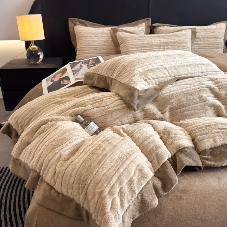 冬季丹麦皮草绒四件套牛奶绒床单雕花双面加绒咖色高端轻奢被罩