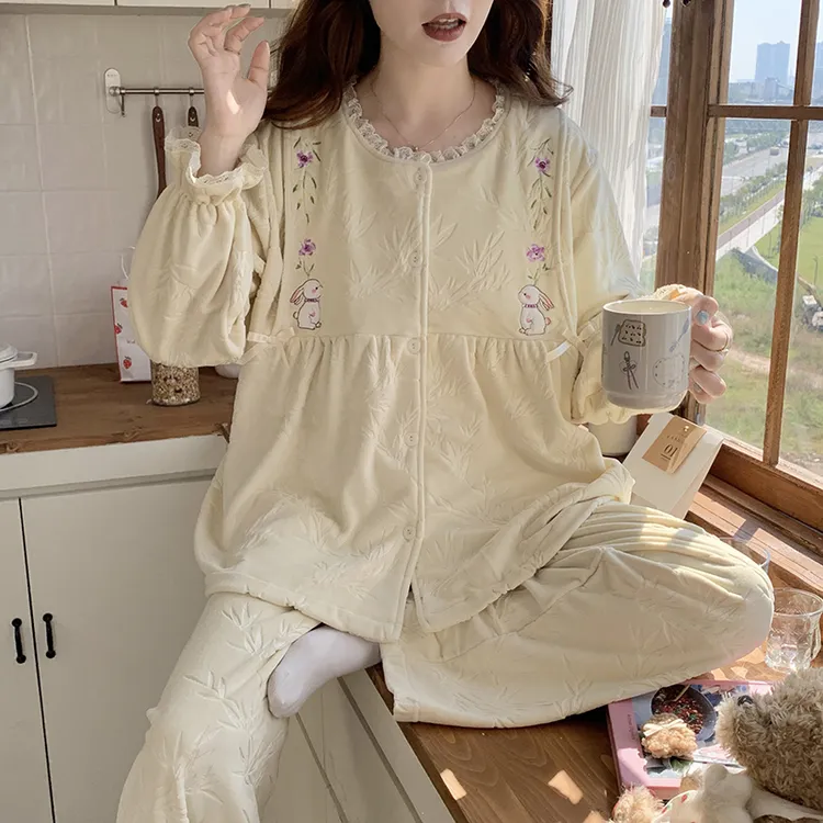 孕妇冬季海岛绒哺乳睡衣产后喂奶月子服待产保暖大码怀孕期家居服