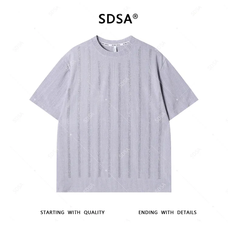 SDSA夏季新款男士痞帅美式肌理感烫钻竖纹圆领短袖T恤百搭时尚