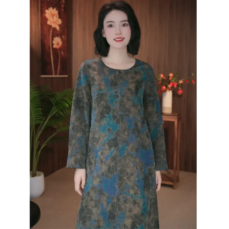 遇裳（99561）秋冬新款长袖100桑蚕丝龟裂纹香云纱双面穿连衣裙