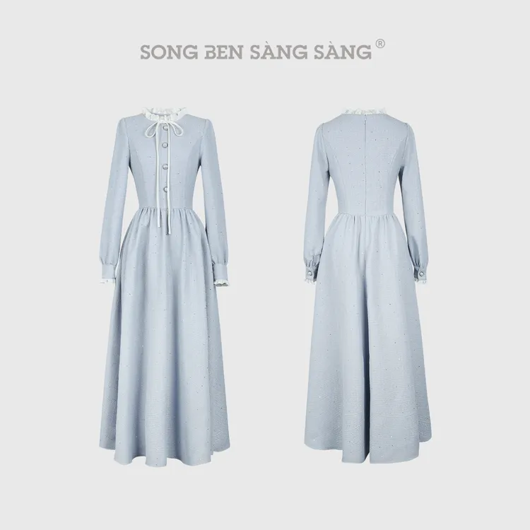 松本丧丧早秋小香风千金温柔风氛围感蓝色长袖连衣裙B253Q1819