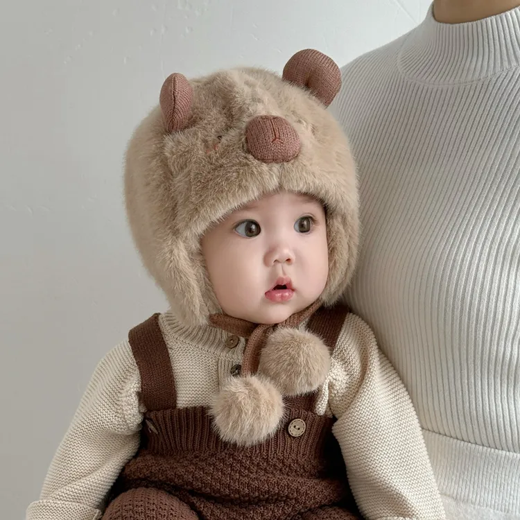 婴儿帽子秋冬季可爱小熊毛绒帽男女宝宝护耳帽厚款保暖套头雷锋帽
