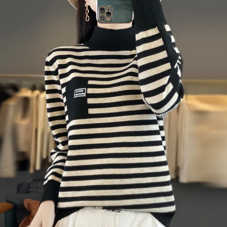 胖mm秋冬大码半高领女士条纹毛衣2025新款洋气爆款内搭针织打底衫