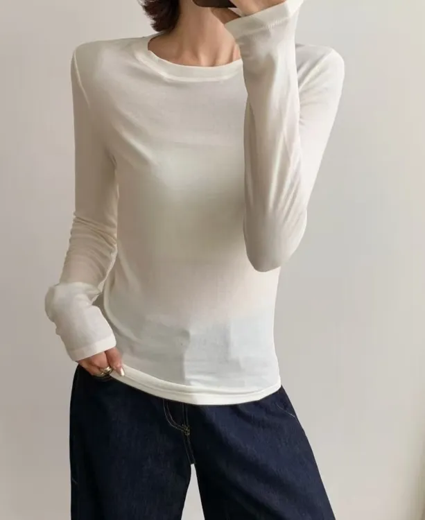 天丝羊毛基础款白色上衣长袖T恤女款白色上衣长袖内搭内搭女打底