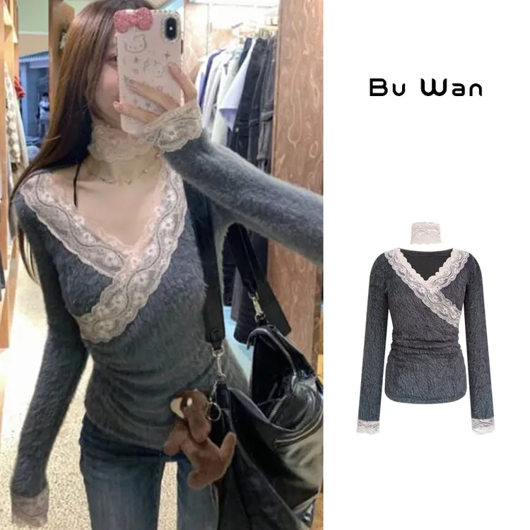 秋冬时尚粉色蕾丝拼接打底衫大V领毛绒感长袖内搭显瘦t恤休闲3166