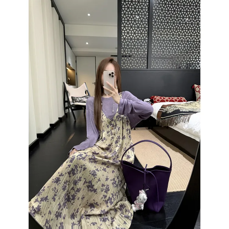 张涩涩 25秋“花间拾锦”东方诗意气质 紫色莱赛尔亚麻印花背带裙
