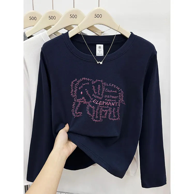 韩版设计感字母大象印花正肩长袖T恤胖mm大码女装上衣秋季打底衫