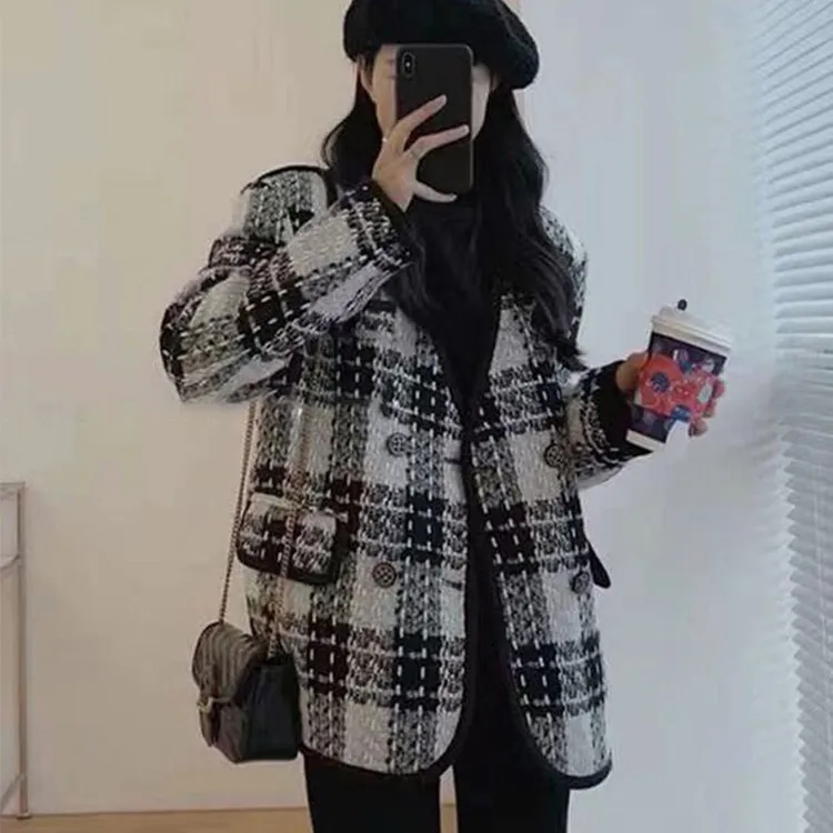 蔻菲图2025秋季新款女小香风黑白格子单排扣短款外套洋气高贵上衣