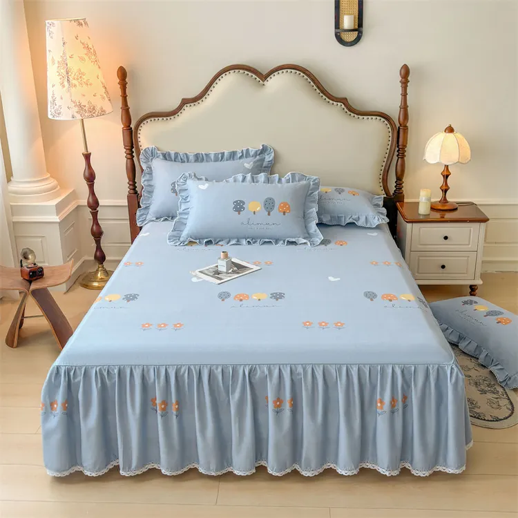 加厚全棉生态磨毛床裙花边遮丑下摆床罩防滑纯棉床单床垫保护罩套