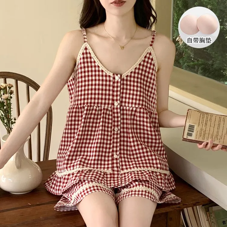 格子吊带带胸垫云感棉睡衣女款2025新款夏季短裤两件套装家居服