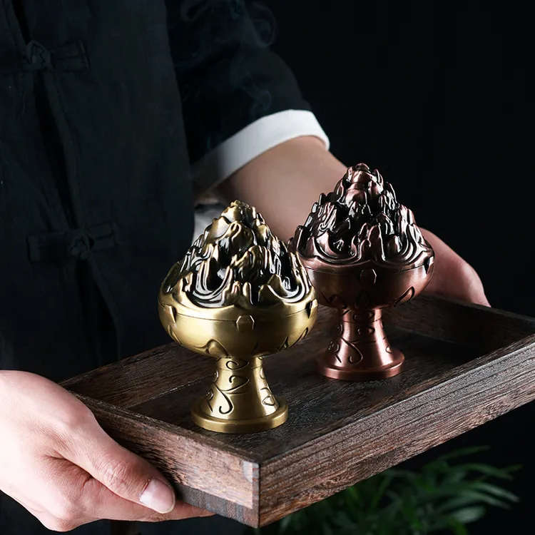 中式禅意博山檀香炉创意塔香线香座室内打篆香粉炉茶道铜合金摆件