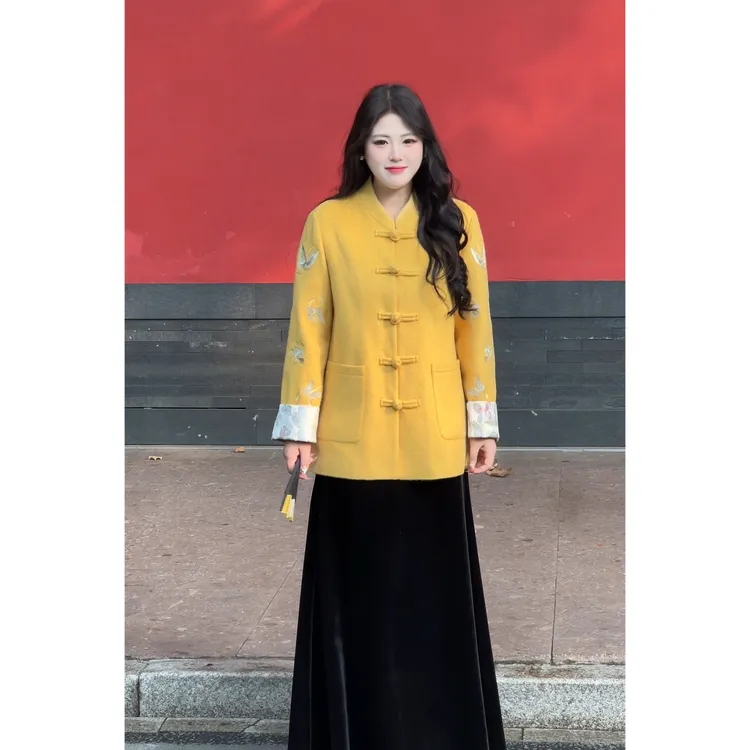 A【锦绣芳华】冬大码新中式毛呢大衣国风提花+丝绒半裙套装 DM35552