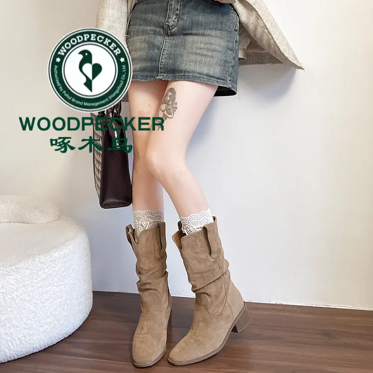 啄木鸟秋冬新款内法式增高西部堆堆靴女鞋复古风小个子粗跟显瘦中