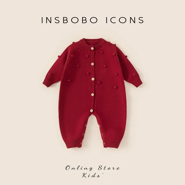 INSbobo儿童拜年服爬服冬季加厚毛球装饰木质纽扣毛衣爬服DY15065