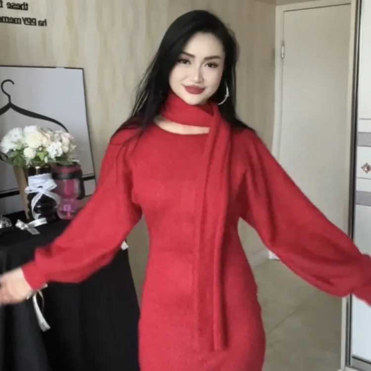 针织短裙套装女秋冬加厚慵懒风宽松带围巾套装