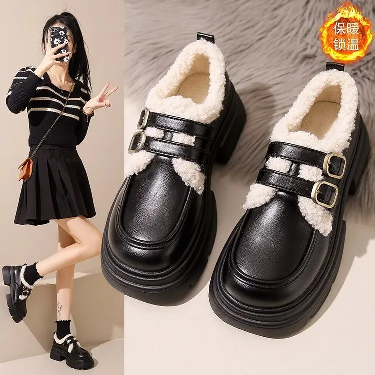 人造短毛绒中跟(3-5cm)粗跟低帮鞋盒装单鞋深口290*240*115复古