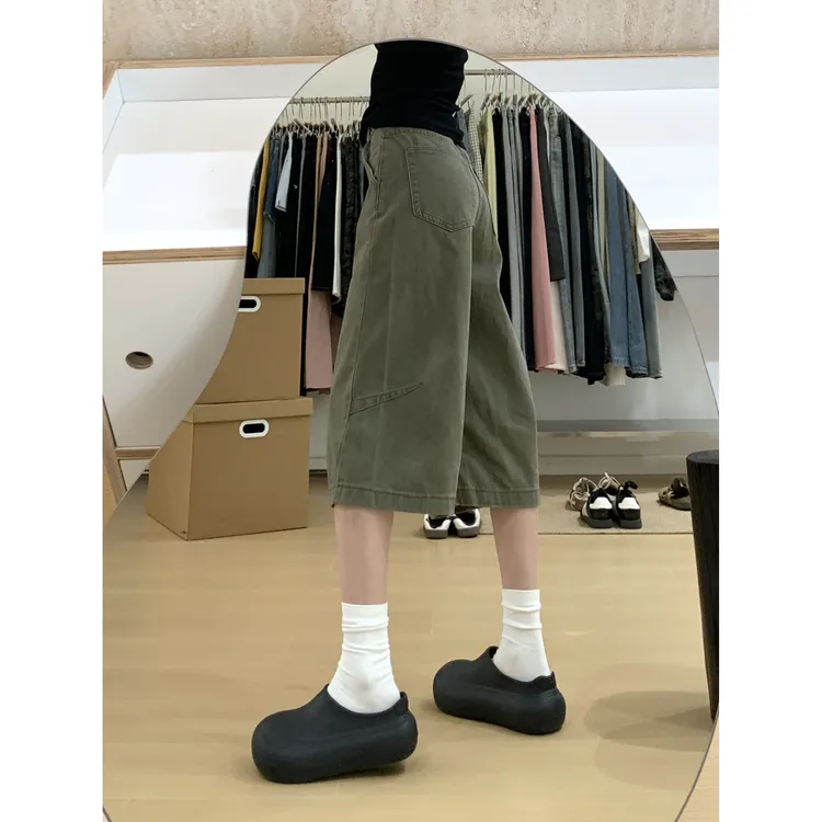 卡其色复古解构设计宽松阔腿牛仔中裤女直筒七分短裤女夏季新款潮