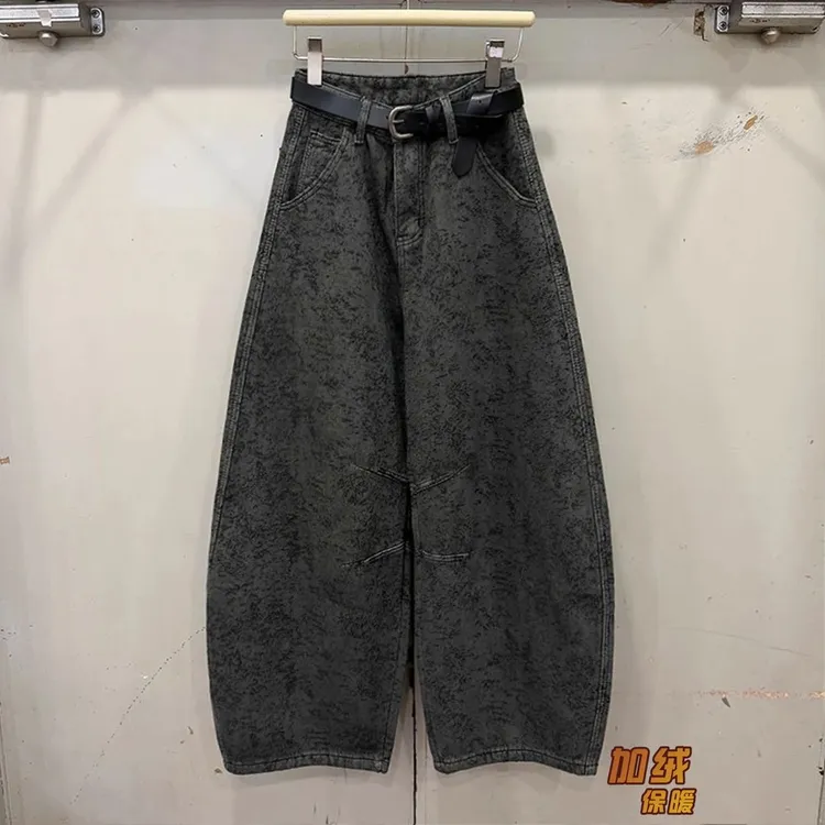 高级感新款宽松休闲加绒加厚提花阔腿牛仔裤冬季宽松直筒弯刀长裤