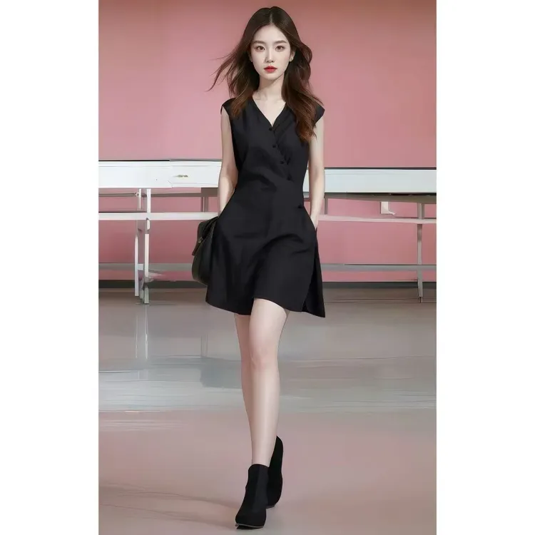 黑色V领收腰无袖亚麻连衣裙女夏季2025年冷淡系大方得体的裙子