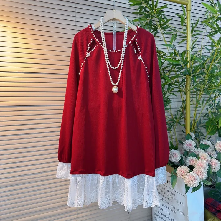 2226胖mm欧货小心机镂空订珠订钻宽松拼接蕾丝中长款设计感百搭衫