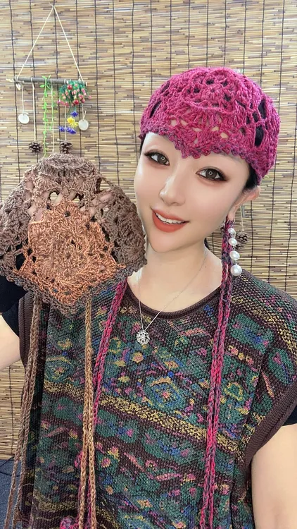 娜娜推荐款-2025早秋新款上市手工编织花线薄款民族风美人尖帽子