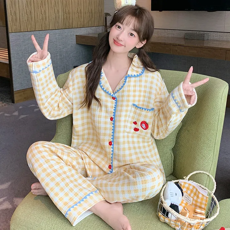 冬季新款睡衣女空气夹层300g翻领开衫长袖长裤舒适保暖家居服套装